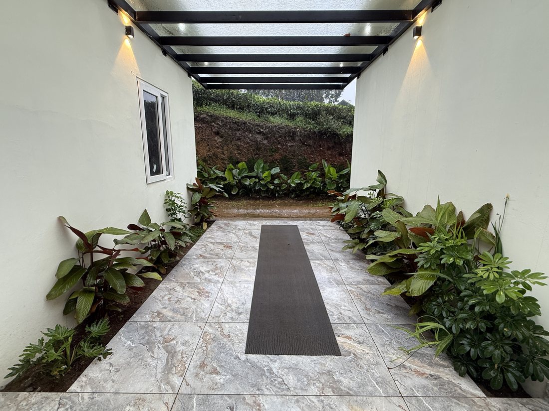 The planted walkway to the cottages